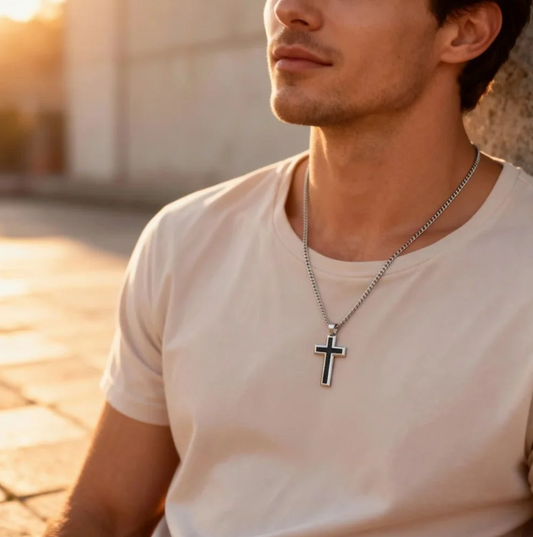 Engravable Stainless Steel Black Carbon Fiber Cross Necklace Keeper